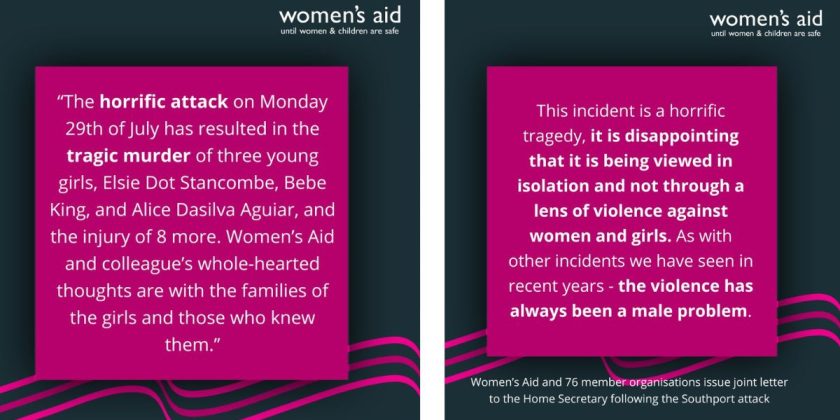 Women’s Aid and 76 member organisations issue joint letter to the Home Secretary following the Southport attack